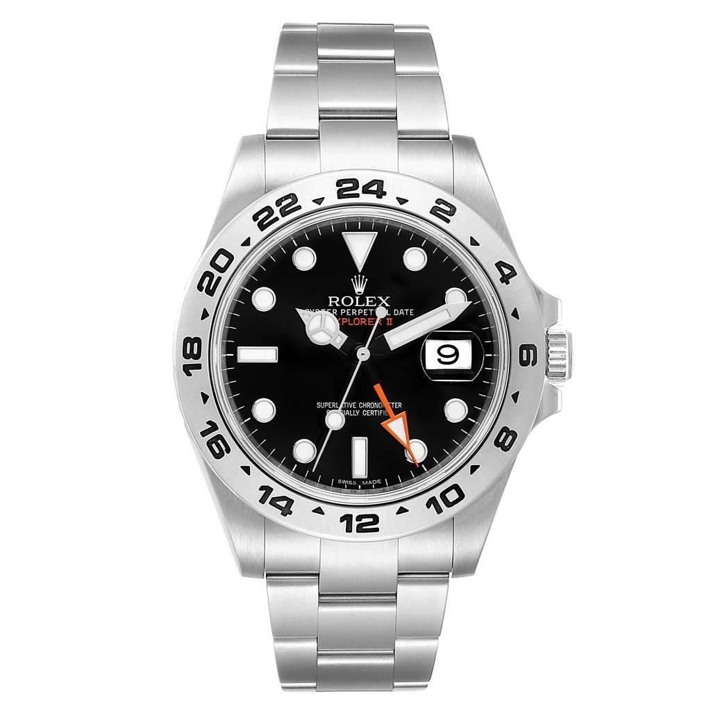 Rolex Explorer II 42 Black Dial Orange Hand Mens Watch 216570. Officially certified chronometer self-winding movement. Stainless steel case 42 mm in diameter. Rolex logo on a crown. Stainless steel tachymetric scale bezel. Scratch resistant sapphire