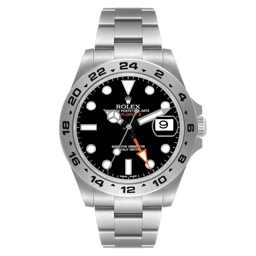 Rolex Explorer II 42 Black Dial Orange Hand Steel Mens Watch 216570 Box Card. Officially certified chronometer automatic self-winding movement. Stainless steel case 42 mm in diameter. Rolex logo on the crown. Stainless steel bezel with engraved 24
