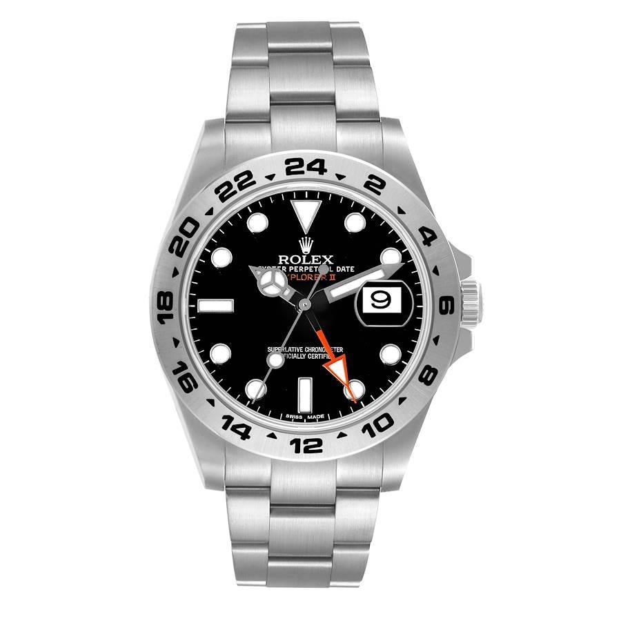 Rolex Explorer II 42 Black Dial Orange Hand Steel Mens Watch 216570 Box Card. Officially certified chronometer automatic self-winding movement. Stainless steel case 42 mm in diameter. Rolex logo on the crown. Stainless steel bezel with engraved 24