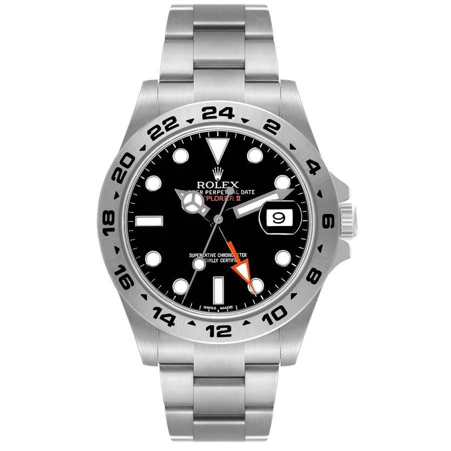 Rolex Explorer II 42 Black Dial Orange Hand Steel Mens Watch 216570. Officially certified chronometer automatic self-winding movement. Stainless steel case 42 mm in diameter. Rolex logo on the crown. Stainless steel bezel with engraved 24 hour