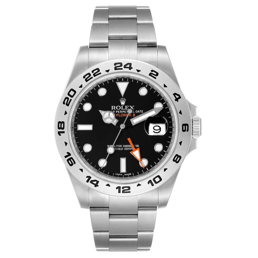 Rolex Explorer II 42 Black Dial Orange Hand Steel Watch 216570. Officially certified chronometer self-winding movement. Stainless steel case 42 mm in diameter. Rolex logo on a crown. Stainless steel tachymetric scale bezel. Scratch resistant
