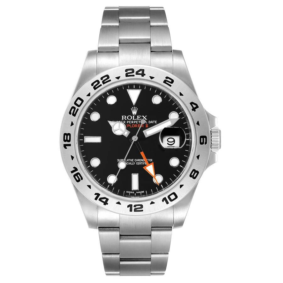 Rolex Explorer II 42 Black Dial Orange Hand Steel Watch 216570. Officially certified chronometer self-winding movement. Stainless steel case 42 mm in diameter. Rolex logo on a crown. Stainless steel bezel. Scratch resistant sapphire crystal with