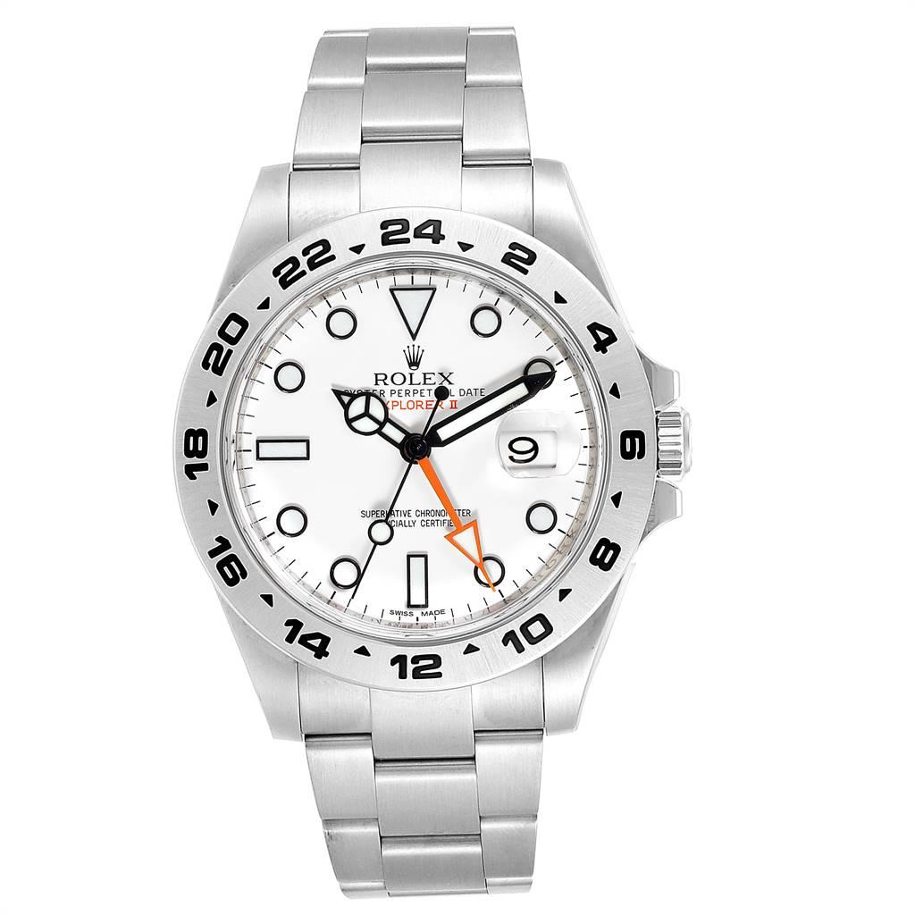 Rolex Explorer II 42 Orange Hand Steel Mens Watch 216570 Box Card. Officially certified chronometer self-winding movement. Stainless steel case 42.0 mm in diameter. Rolex logo on a crown. Stainless steel tachymetric scale bezel. Scratch resistant