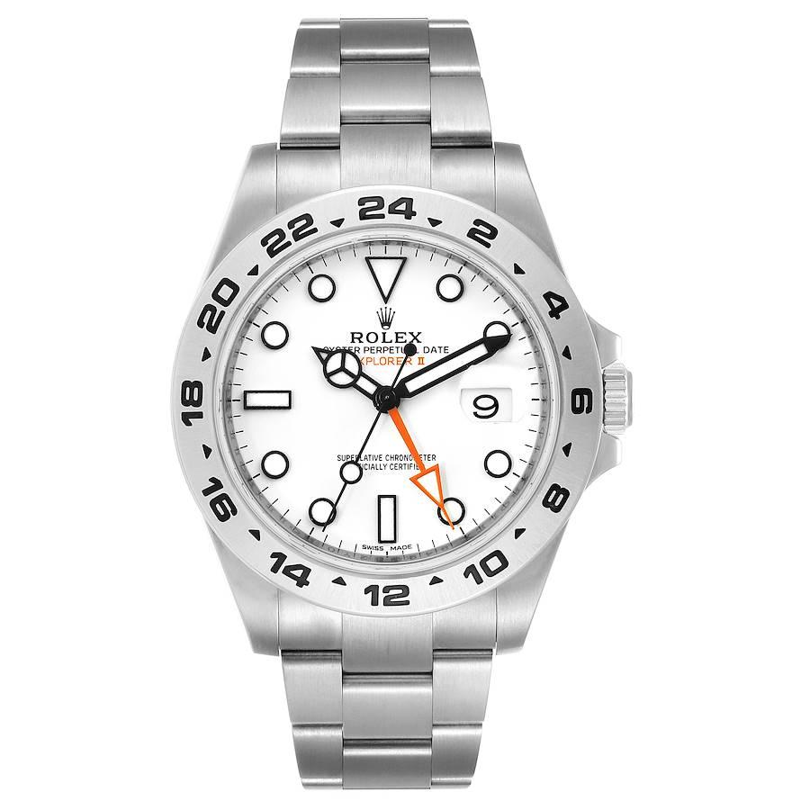 Rolex Explorer II 42 White Dial Orange Hand Mens Watch 216570 Box Card. Officially certified chronometer self-winding movement. Stainless steel case 42.0 mm in diameter. Rolex logo on a crown. Stainless steel tachymetric scale bezel. Scratch