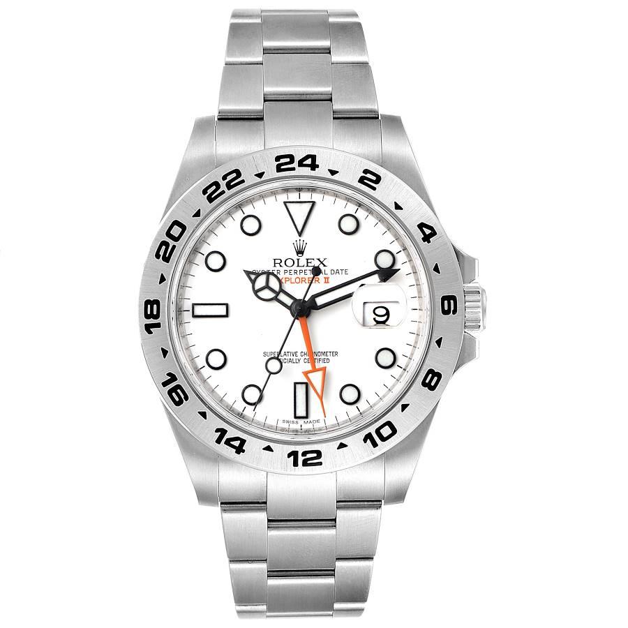 Rolex Explorer II 42 White Dial Orange Hand Steel Mens Watch 216570 Box Card. Officially certified chronometer self-winding movement. Stainless steel case 42.0 mm in diameter. Rolex logo on a crown. Stainless steel tachymetric scale bezel. Scratch