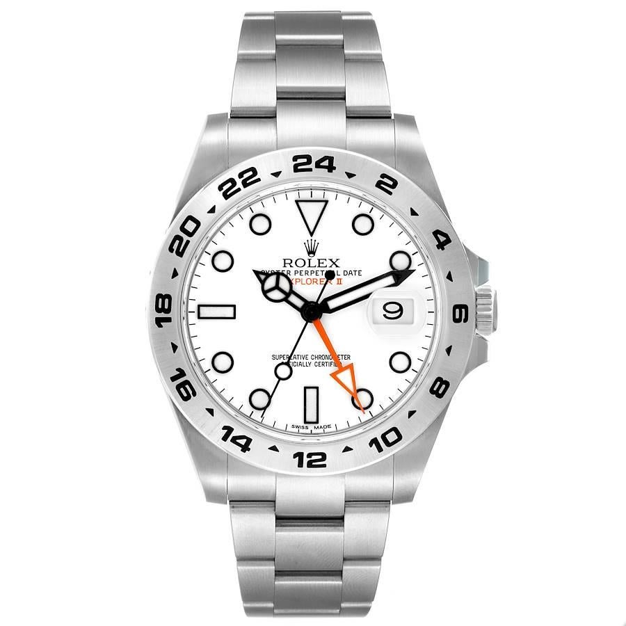 Rolex Explorer II 42 White Dial Orange Hand Steel Mens Watch 216570 Box Card. Officially certified chronometer automatic self-winding movement. Stainless steel case 42.0 mm in diameter. Rolex logo on the crown. Stainless steel bezel with engraved