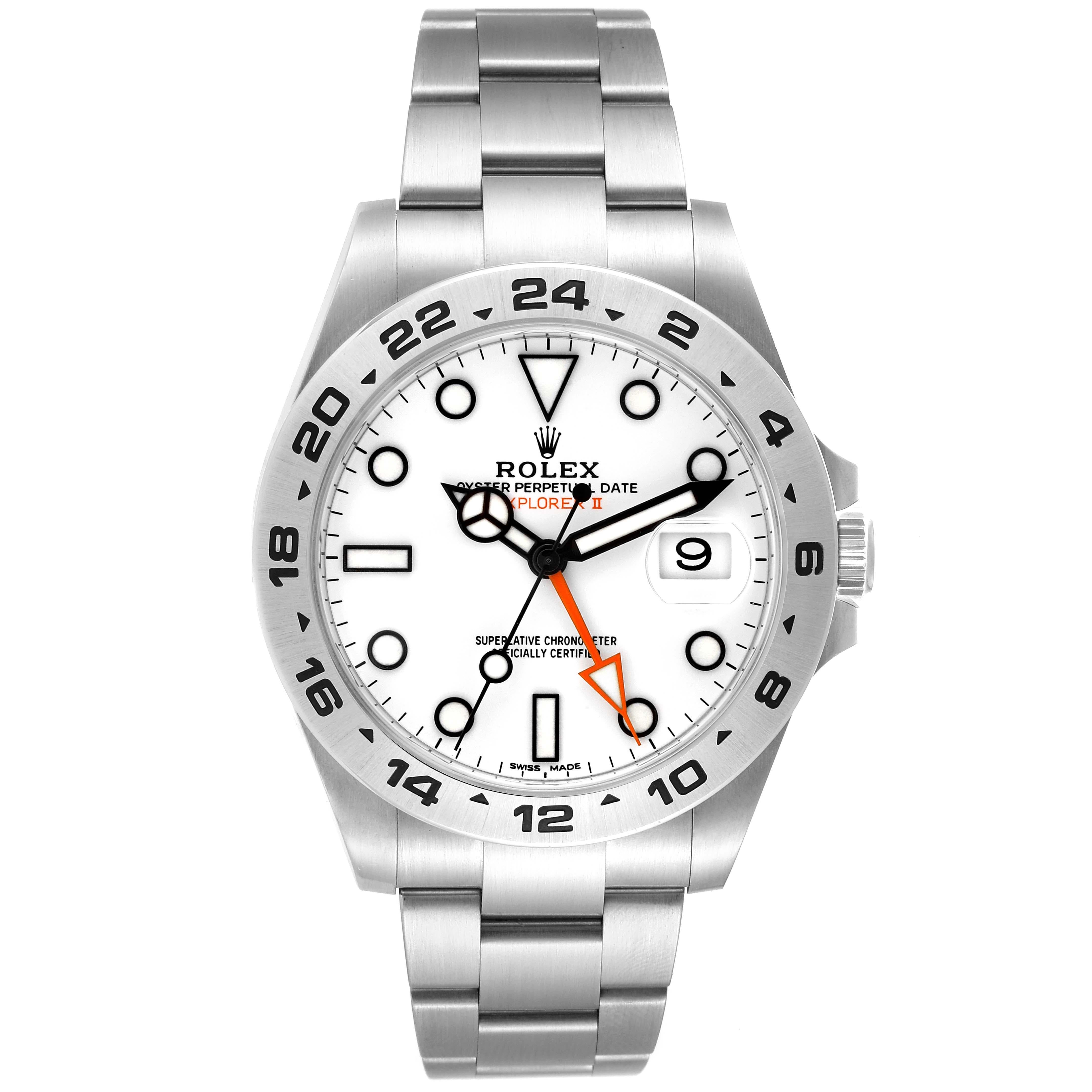 Rolex Explorer II 42 White Dial Orange Hand Steel Mens Watch 216570 Box Card. Officially certified chronometer automatic self-winding movement. Stainless steel case 42.0 mm in diameter. Rolex logo on the crown. Stainless steel bezel with engraved