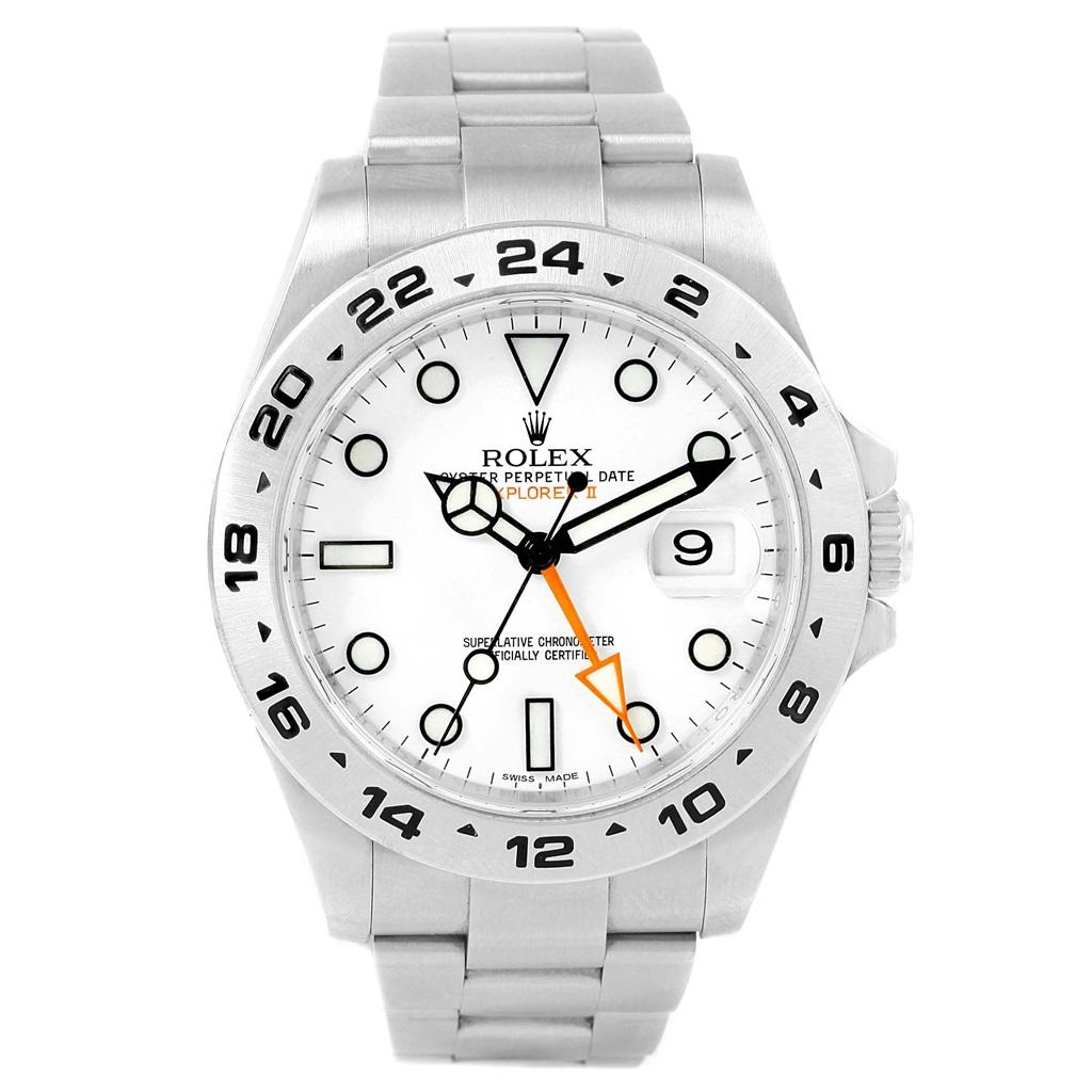 Rolex Explorer II 42 White Dial Orange Hand Steel Men's Watch 216570. Officially certified chronometer self-winding movement. Stainless steel case 42.0 mm in diameter. Rolex logo on a crown. Stainless steel tachymetric scale bezel. Scratch resistant