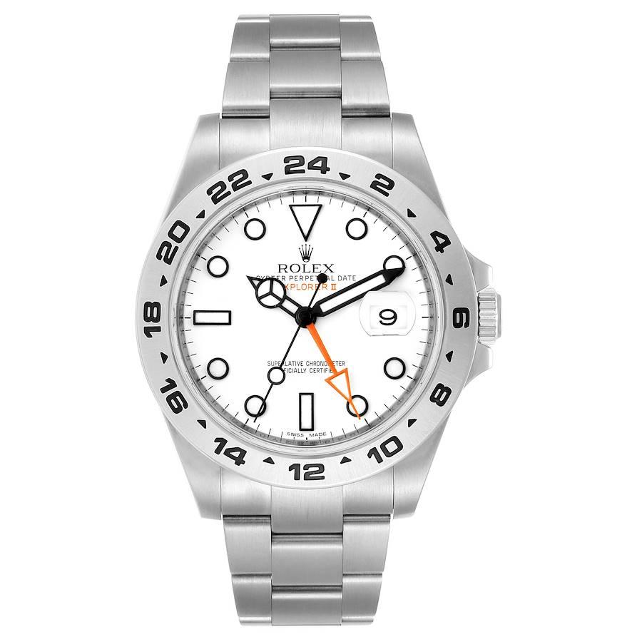 Rolex Explorer II 42 Quadrante Bianco Lancetta Arancione Acciaio Orologio Uomo 216570. Movimento a carica automatica certificato ufficialmente come cronometro. Cassa in acciaio inossidabile di 42.0 mm di diametro. Logo Rolex su una corona. Lunetta