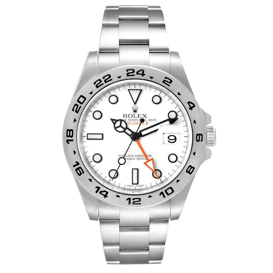 Rolex Explorer II 42 White Dial Orange Hand Steel Mens Watch 216570. Officially certified chronometer self-winding movement. Stainless steel case 42.0 mm in diameter. Rolex logo on a crown. Stainless steel tachymetric scale bezel. Scratch resistant