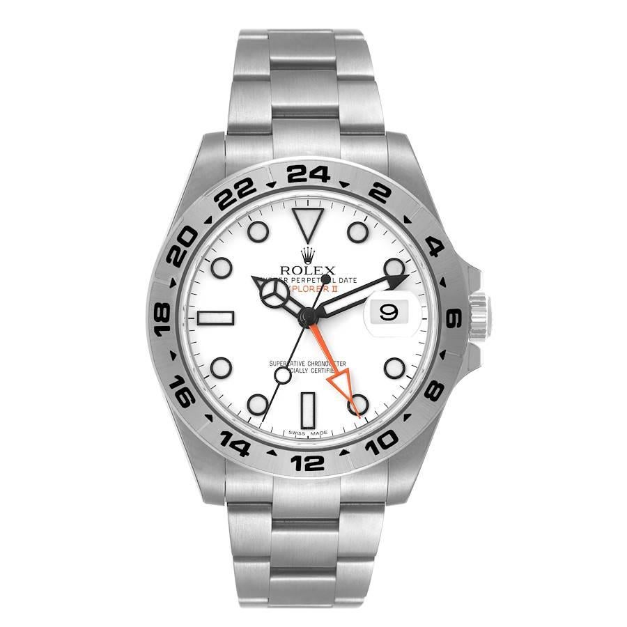 Rolex Explorer II 42 White Dial Orange Hand Steel Mens Watch 216570 Unworn. Officially certified chronometer automatic self-winding movement. Stainless steel case 42.0 mm in diameter. Rolex logo on the crown. Stainless steel bezel with engraved