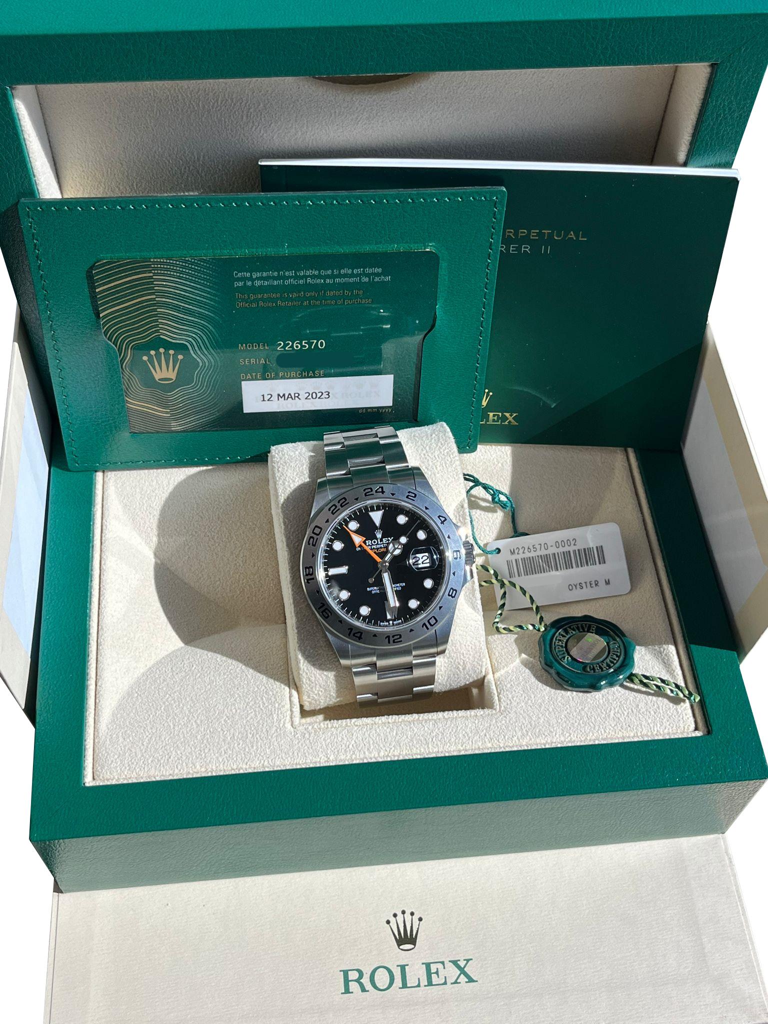 Women's or Men's Rolex Explorer II 42mm Black Dial Automatic Oystersteel Bracelet Watch 226570 For Sale