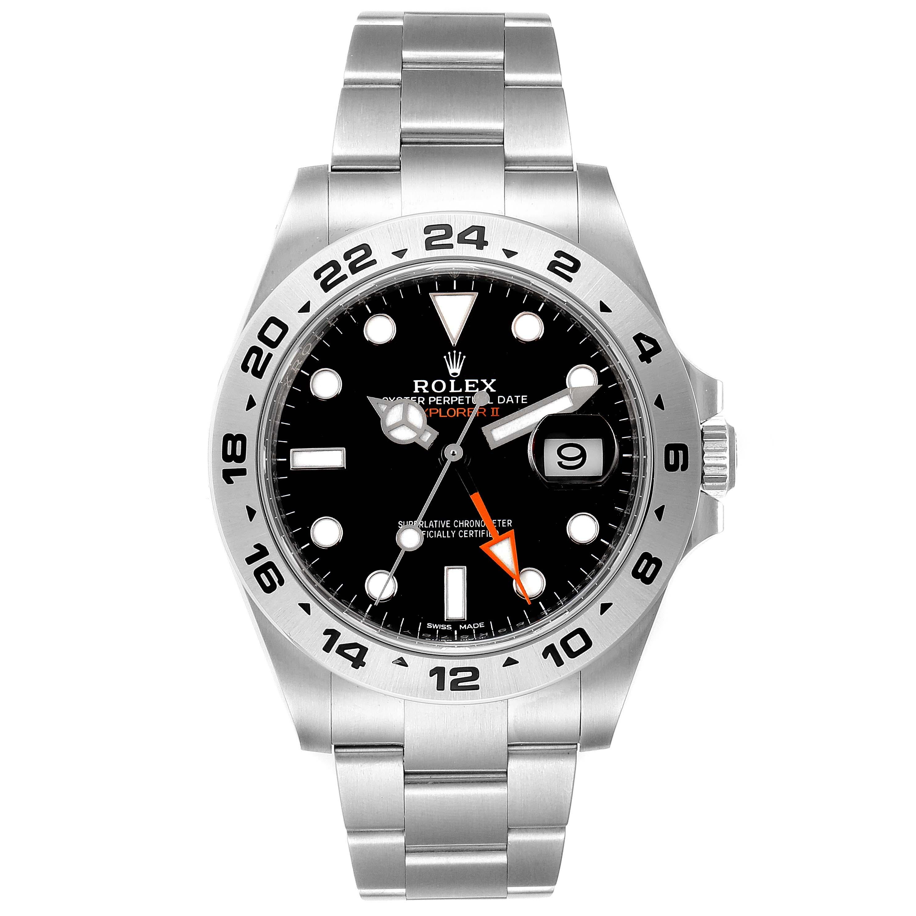 Rolex Explorer II 42mm Black Dial Steel Mens Watch 216570 Unworn. Officially certified chronometer self-winding movement. Stainless steel case 42.0 mm in diameter. Rolex logo on a crown. Stainless steel tachymetric scale bezel. Scratch resistant