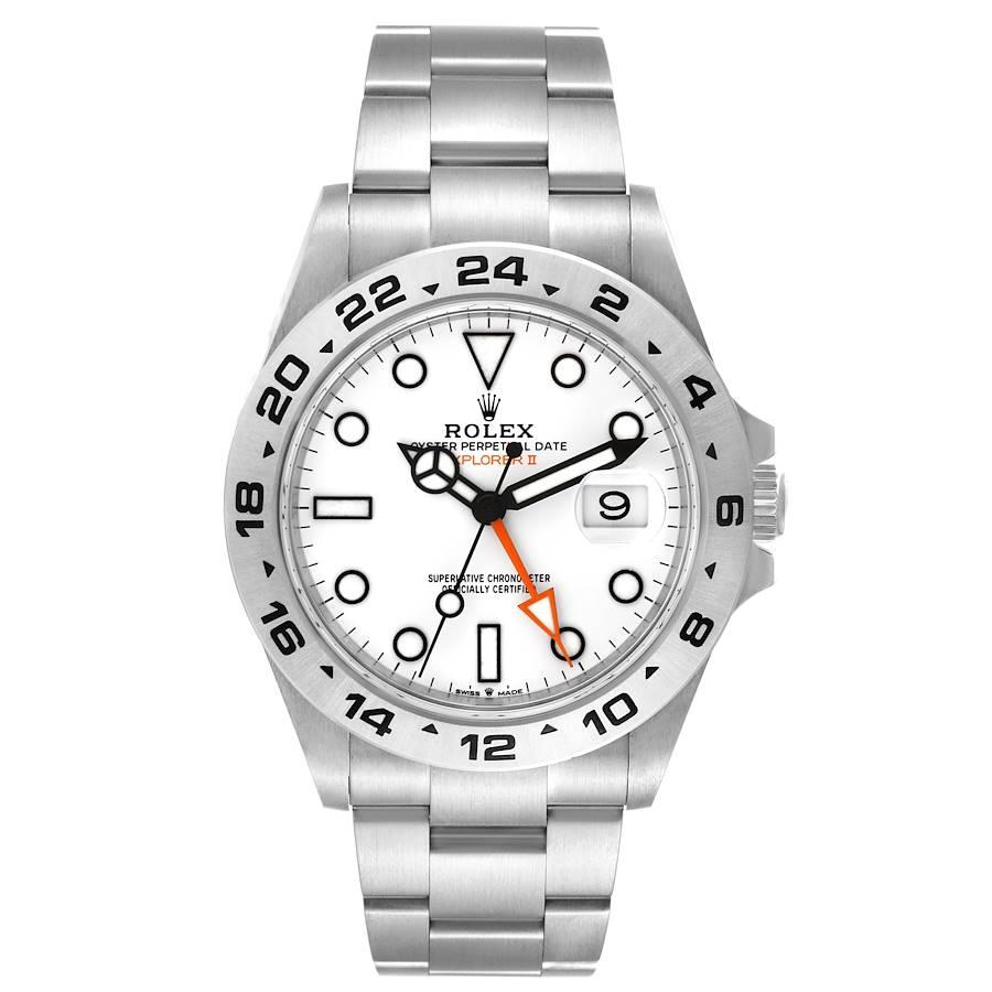 Rolex Explorer II 42mm Polar White Dial Steel Mens Watch 226570 Box Card. Officially certified chronometer automatic self-winding movement. Stainless steel case 42 mm in diameter. Rolex logo on the crown. Stainless steel bezel with engraved 24-hour