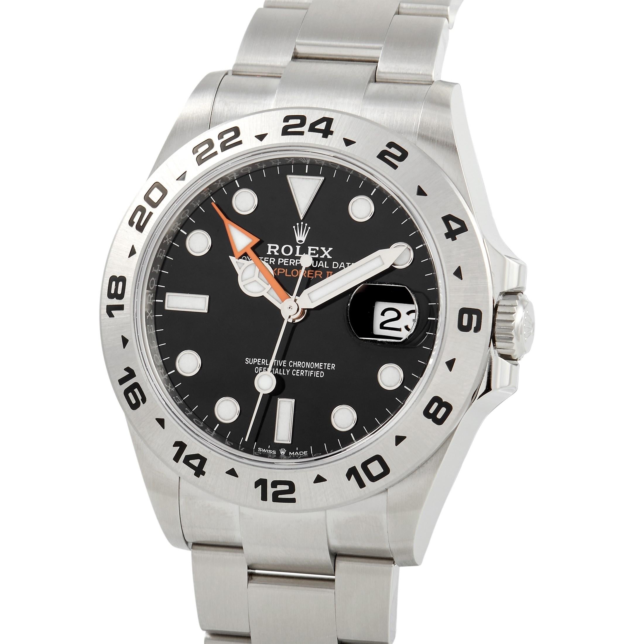 The Rolex Explorer II Watch, reference number 226570, is a striking timepiece that proves the luxury brand isn’t a stranger to contemporary design. 

The most eye-catching part of this elegant watch is its bold black dial, which is set within a 42mm