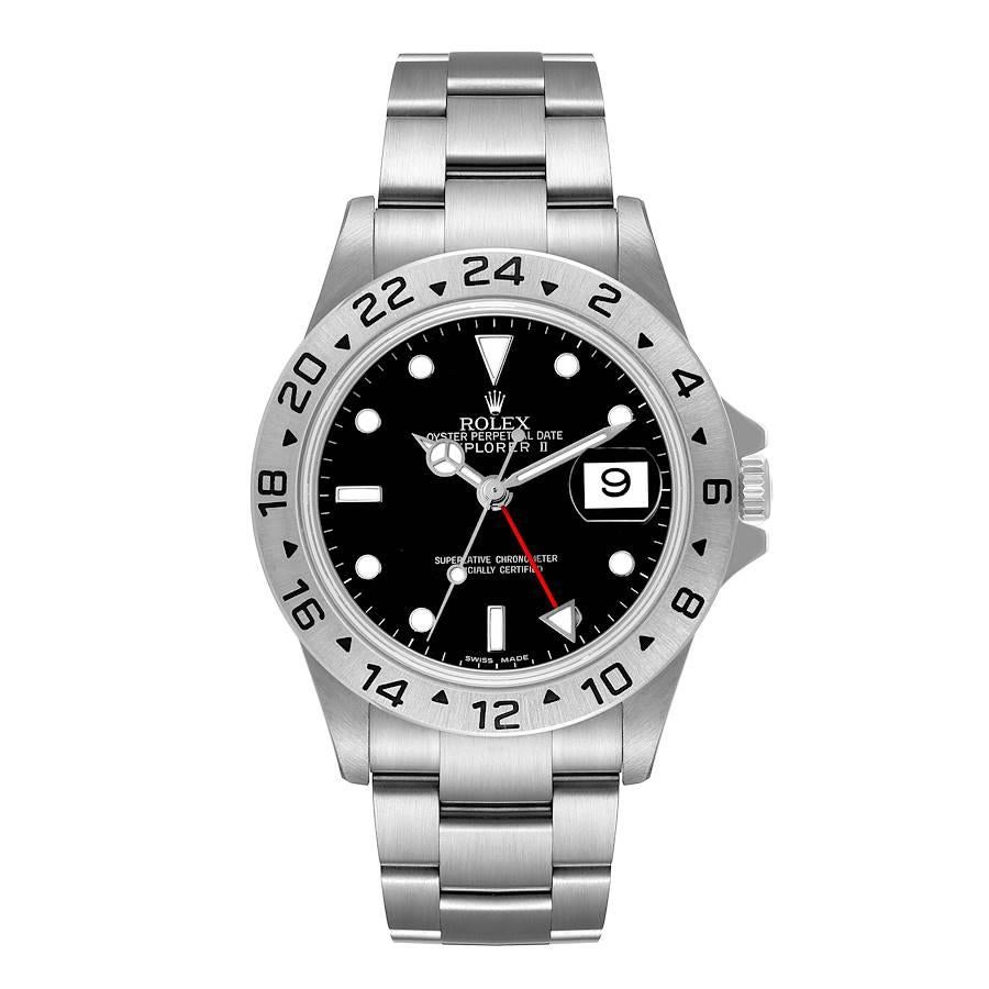 Rolex Explorer II Black Dial Automatic Steel Mens Watch 16570 Box Card. Officially certified chronometer self-winding movement. Stainless steel case 40 mm in diameter. Rolex coronet on the crown. Stainless steel bezel. Scratch resistant sapphire