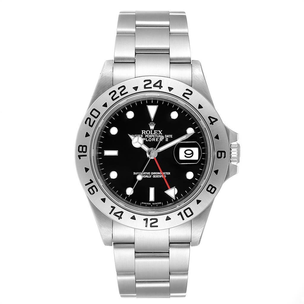 Rolex Explorer II Black Dial Automatic Steel Mens Watch 16570 Box Papers. Officially certified chronometer self-winding movement. Stainless steel case 40 mm in diameter. Rolex logo on a crown. Stainless steel bezel. Scratch resistant sapphire