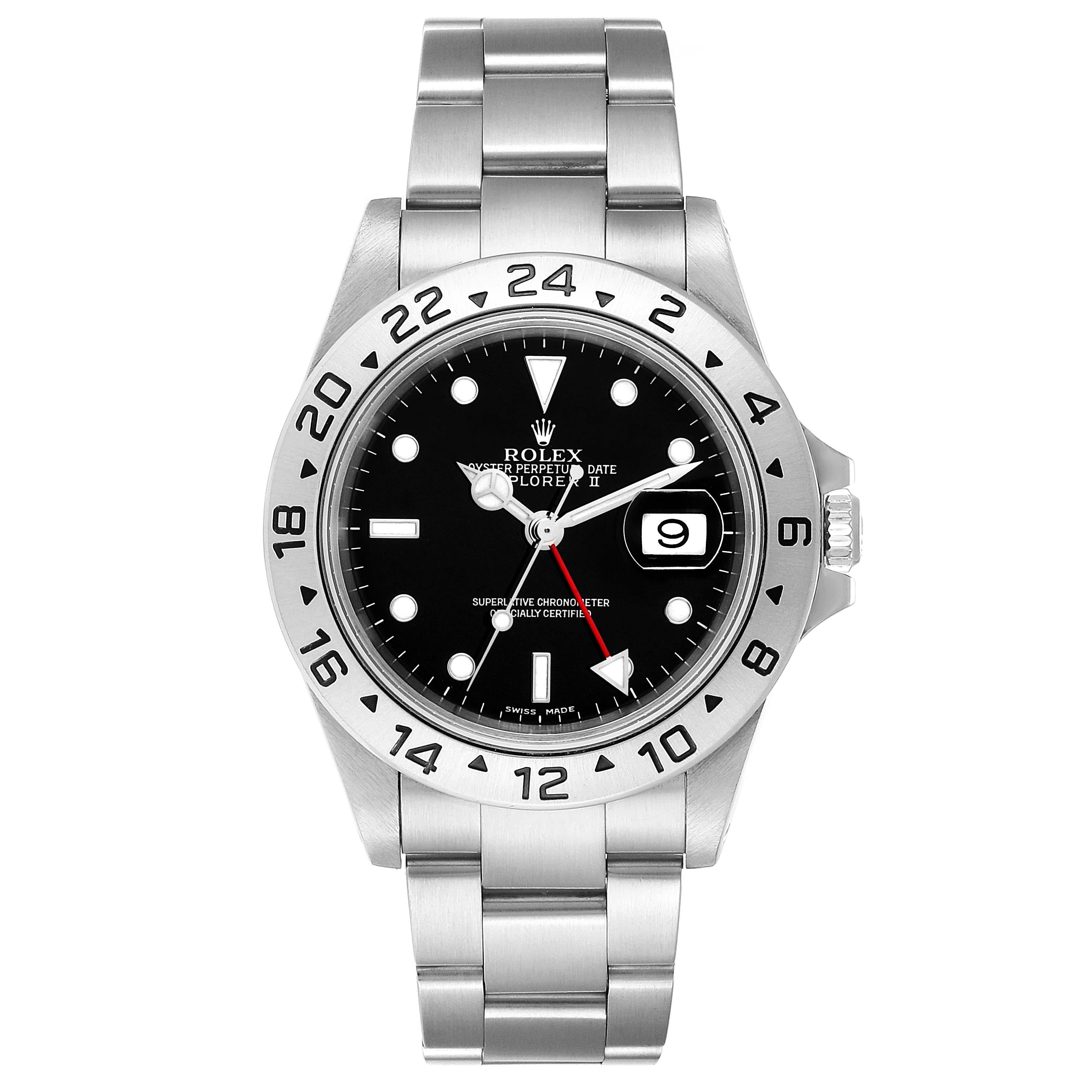 Rolex Explorer II Black Dial Automatic Steel Mens Watch 16570 Box Papers. Officially certified chronometer self-winding movement. Stainless steel case 40 mm in diameter. Rolex logo on a crown. Stainless steel bezel. Scratch resistant sapphire