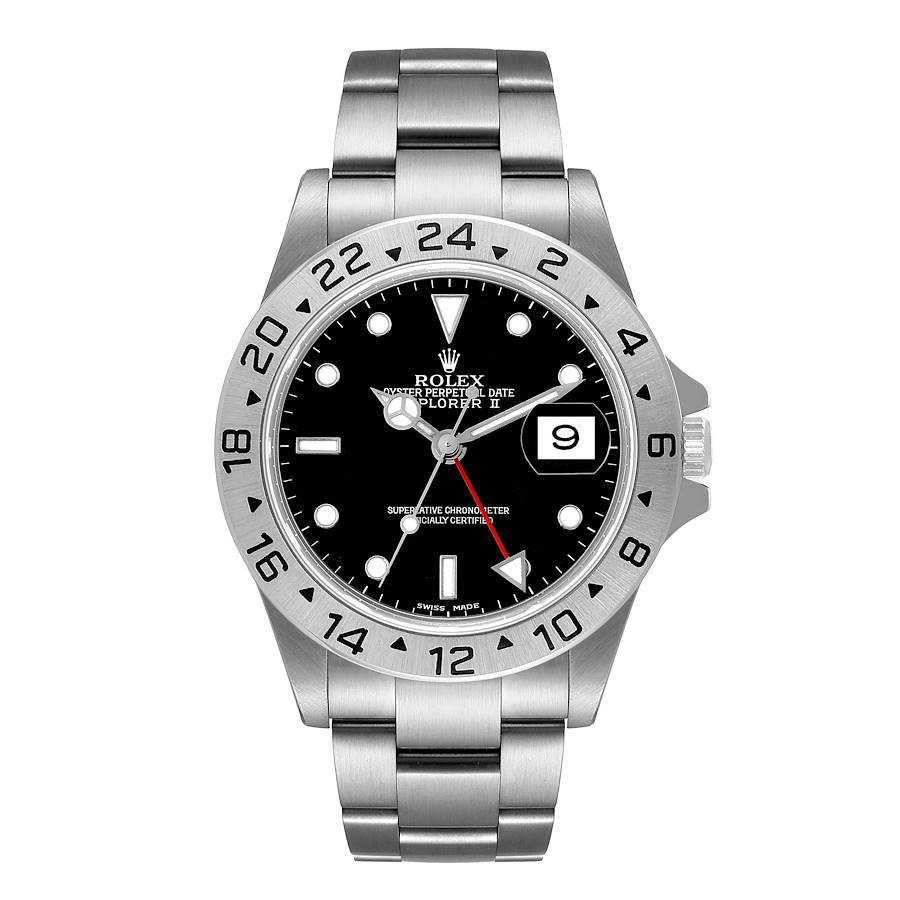 Rolex Explorer II Black Dial Automatic Steel Mens Watch 16570 Box Papers. Officially certified chronometer self-winding movement. Stainless steel case 40 mm in diameter. Rolex coronet on the crown. Stainless steel bezel. Scratch resistant sapphire