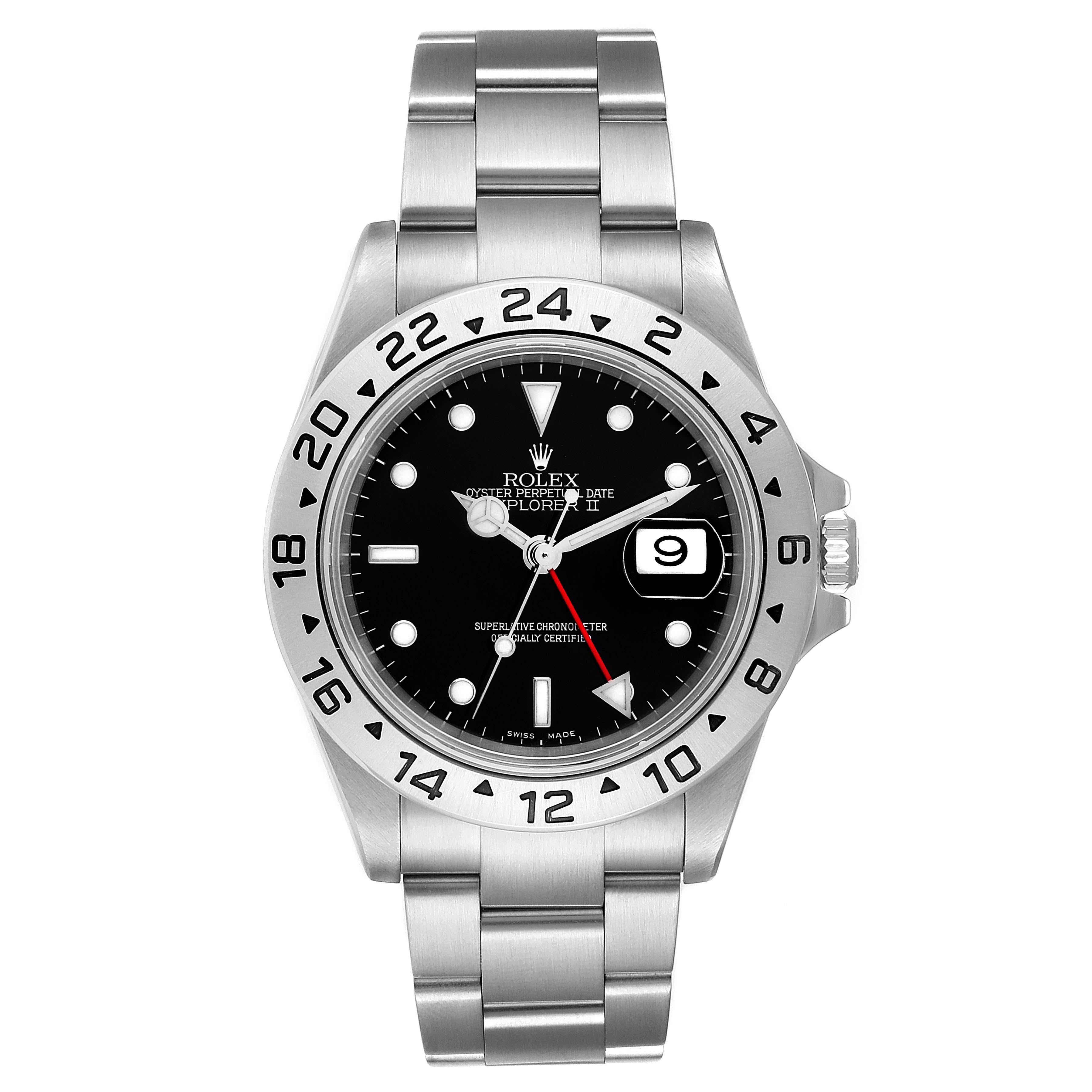 Rolex Explorer II Black Dial Automatic Steel Mens Watch 16570. Officially certified chronometer self-winding movement. Stainless steel case 40 mm in diameter. Rolex logo on a crown. Stainless steel bezel. Scratch resistant sapphire crystal with