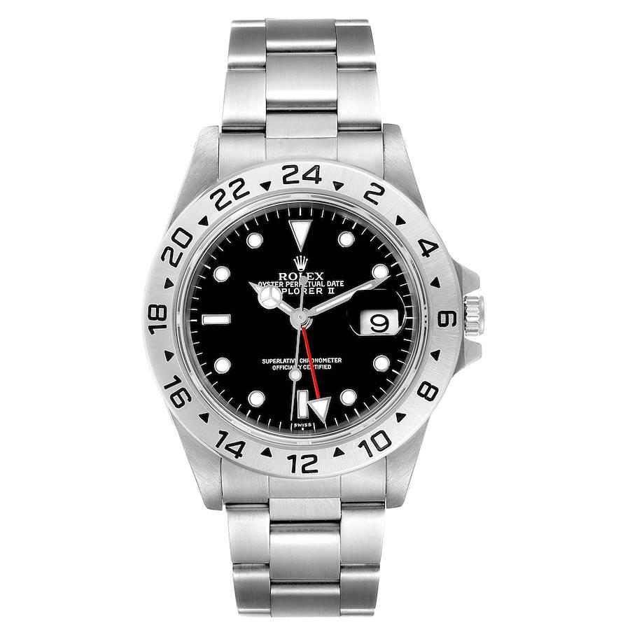 Rolex Explorer II Black Dial Automatic Steel Mens Watch 16570. Officially certified chronometer self-winding movement. Stainless steel case 40 mm in diameter. Rolex logo on a crown. Stainless steel bezel. Scratch resistant sapphire crystal with