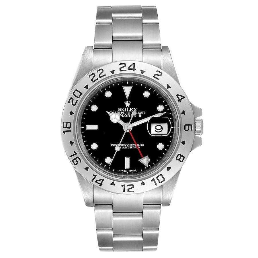 Rolex Explorer II Black Dial Automatic Steel Mens Watch 16570. Officially certified chronometer self-winding movement. Stainless steel case 40 mm in diameter. Rolex logo on a crown. Stainless steel bezel. Scratch resistant sapphire crystal with