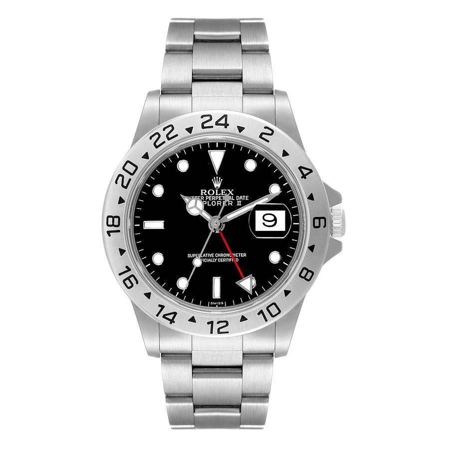 Rolex Explorer II Black Dial Automatic Steel Mens Watch 16570. Officially certified chronometer self-winding movement. Stainless steel case 40 mm in diameter. Rolex coronet on the crown. Stainless steel bezel. Scratch resistant sapphire crystal with