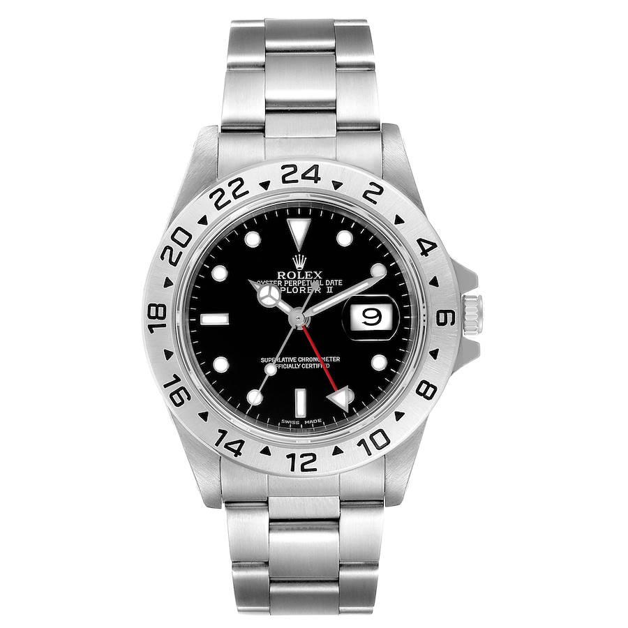 Rolex Explorer II Black Dial Automatic Steel Mens Watch 16570. Officially certified chronometer self-winding movement. Stainless steel case 40 mm in diameter. Rolex coronet on the crown. Stainless steel bezel. Scratch resistant sapphire crystal with