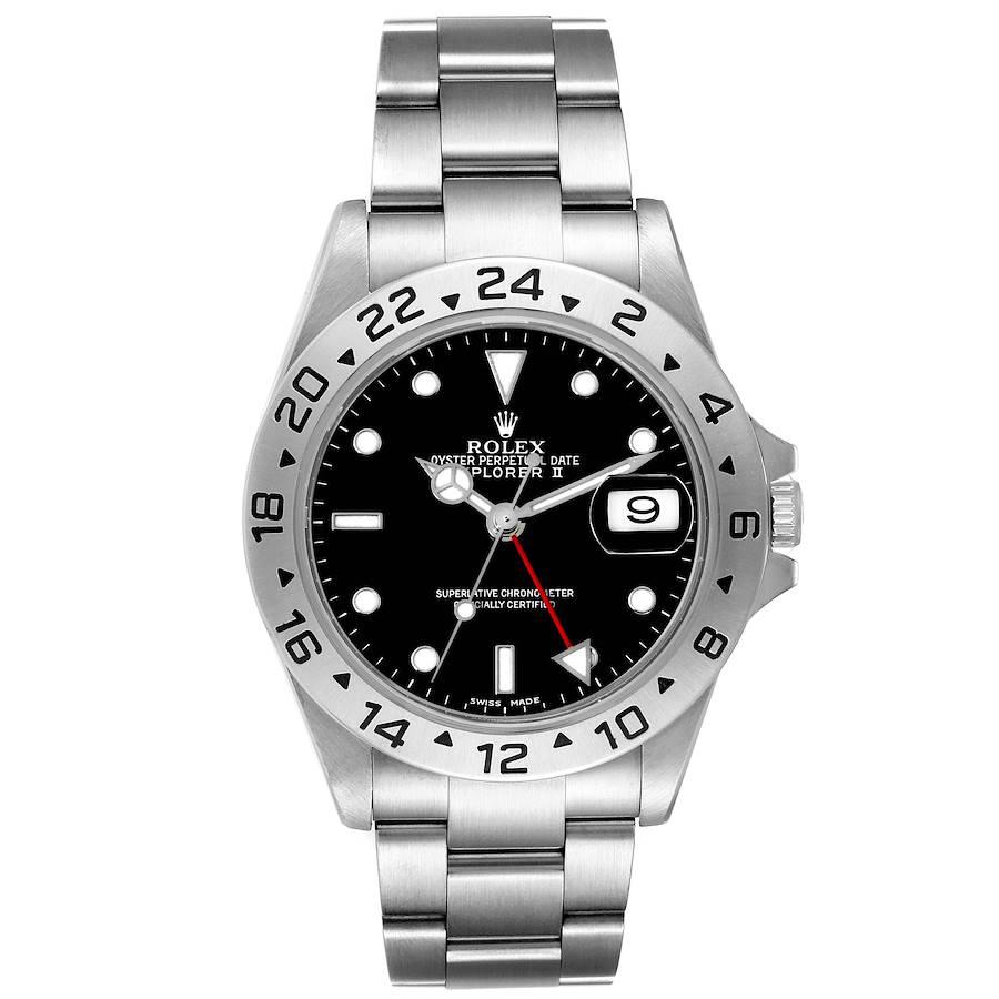 Rolex Explorer II Black Dial Automatic Steel Mens Watch 16570. Officially certified chronometer automatic self-winding movement. Stainless steel case 40 mm in diameter. Rolex coronet on the crown. Stainless steel bezel with 24-hour scale. Scratch