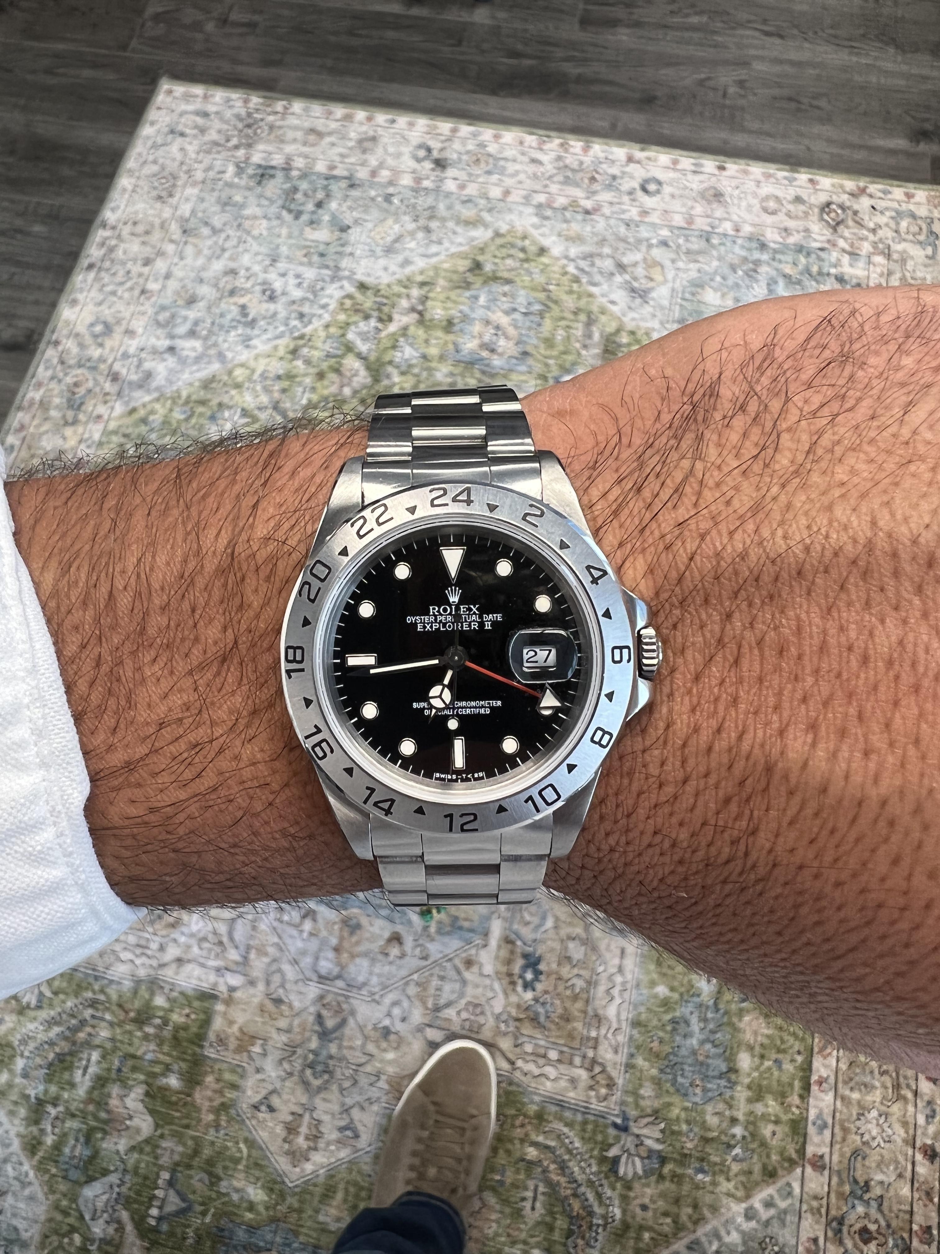 BRAND: Rolex
MODEL: Explorer II
REFERENCE: 16570
SIZE: 40mm
CASE: Stainless Steel
DIAL: Black
BAND: Oyster Stainless Steel
MOVEMENT: Automatic
WRIST SIZE: Apx 8

Very Good condition
Box & Papers

Accommodated with an up-to-date digital appraisal