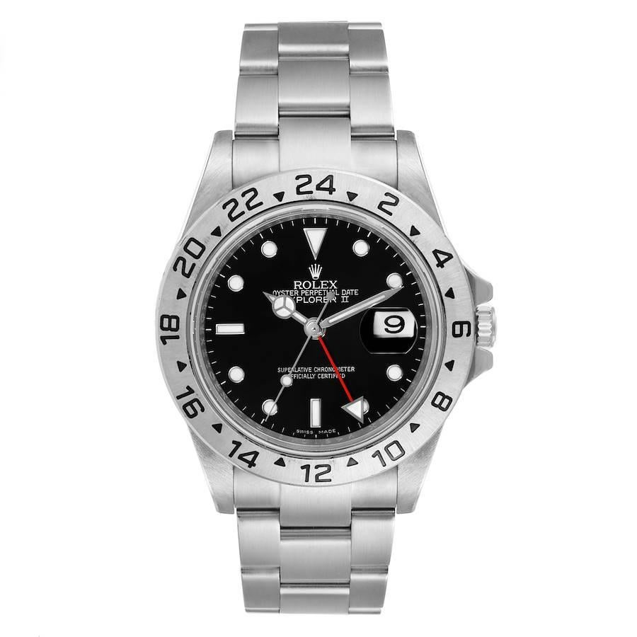 Rolex Explorer II Black Dial Parachrom Hairspring Mens Watch 16570 Box Card. Officially certified chronometer self-winding movement with Parachrom Blue hairspring. Stainless steel case 40 mm in diameter. Rolex logo on a crown. Stainless steel bezel.