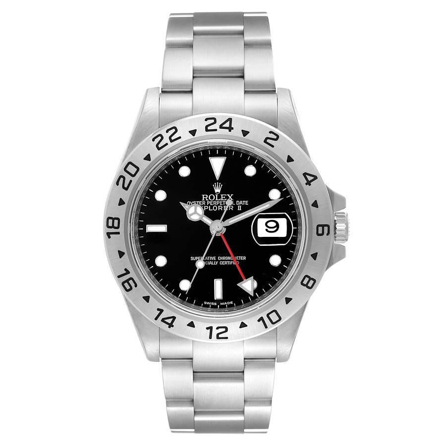 Rolex Explorer II Black Dial Parachrom Hairspring Mens Watch 16570 Box Card. Officially certified chronometer automatic self-winding movement with Parachrom Blue hairspring. Stainless steel case 40 mm in diameter. Rolex coronet on the crown.