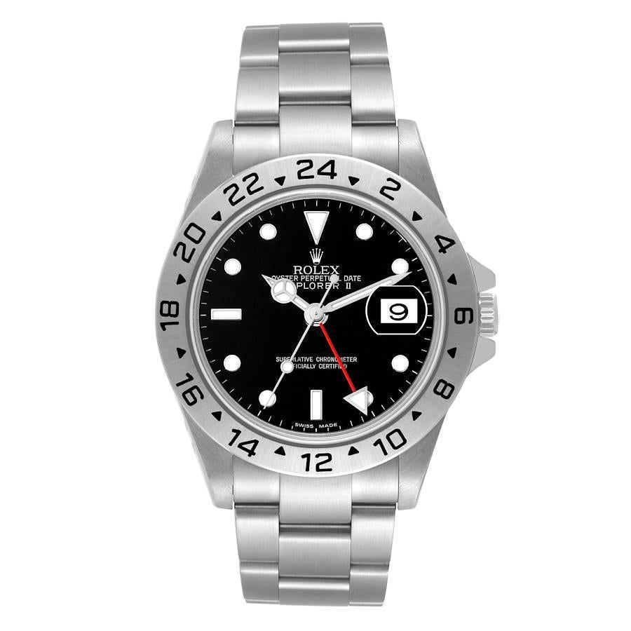 Rolex Explorer II Black Dial Parachrom Hairspring Mens Watch 16570 Box Card. Officially certified chronometer automatic self-winding movement with Parachrom Blue hairspring. Stainless steel case 40 mm in diameter. Rolex coronet on the crown.