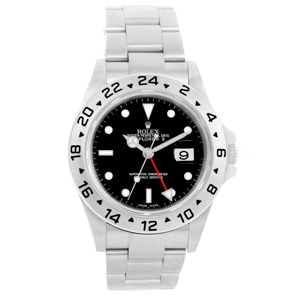 Rolex Explorer II Black Dial Parachrom Hairspring Mens Watch 16570. Officially certified chronometer self-winding movement with new Parachrom Blue hairspring. Stainless steel case 40.0 mm in diameter. Rolex logo on a crown. Fixed stainless steel