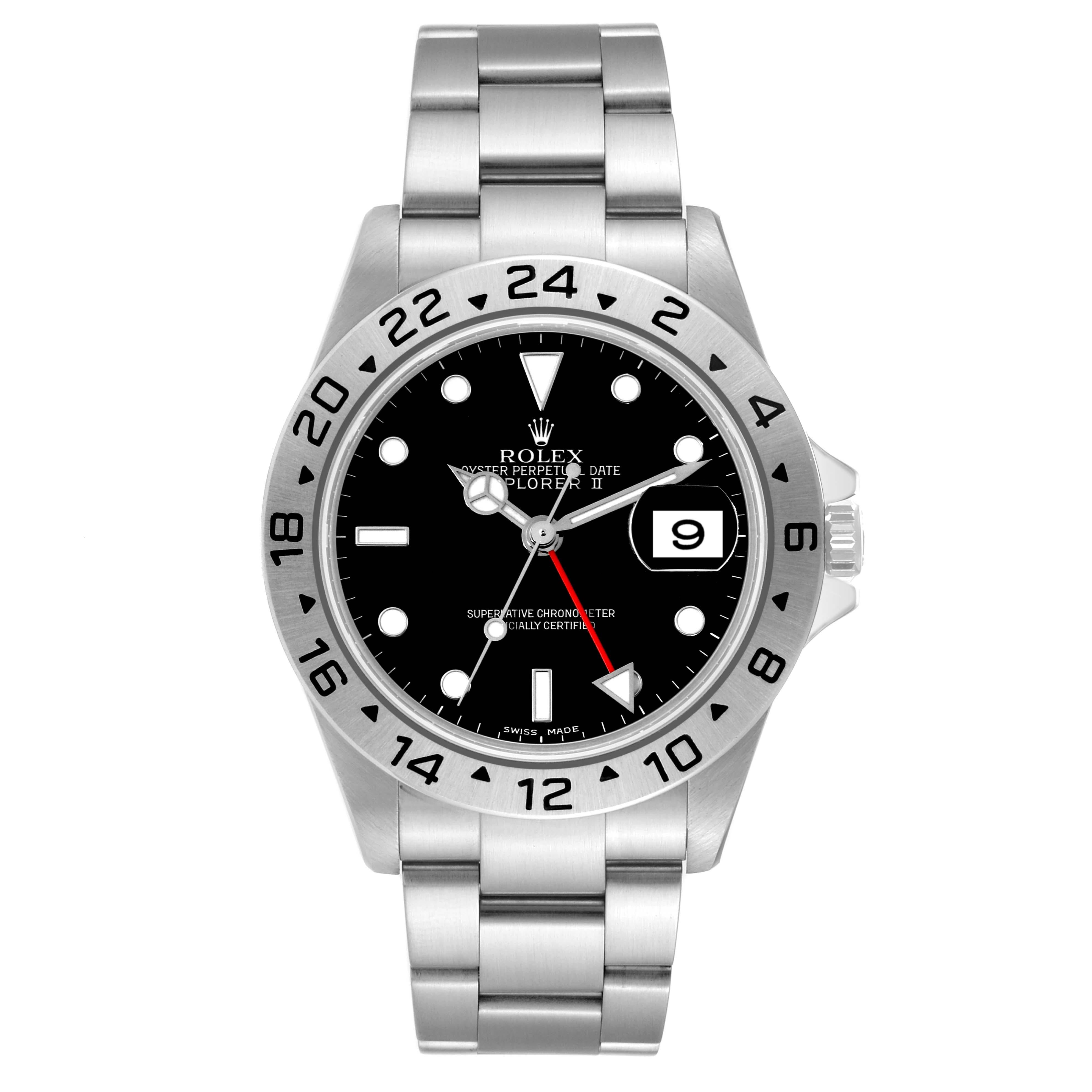 Rolex Explorer II Black Dial Steel Mens Watch 16570 Box Card. Officially certified chronometer automatic self-winding movement. Stainless steel case 40 mm in diameter. Rolex logo on the crown. Stainless steel bezel with 24-hour scale. Scratch