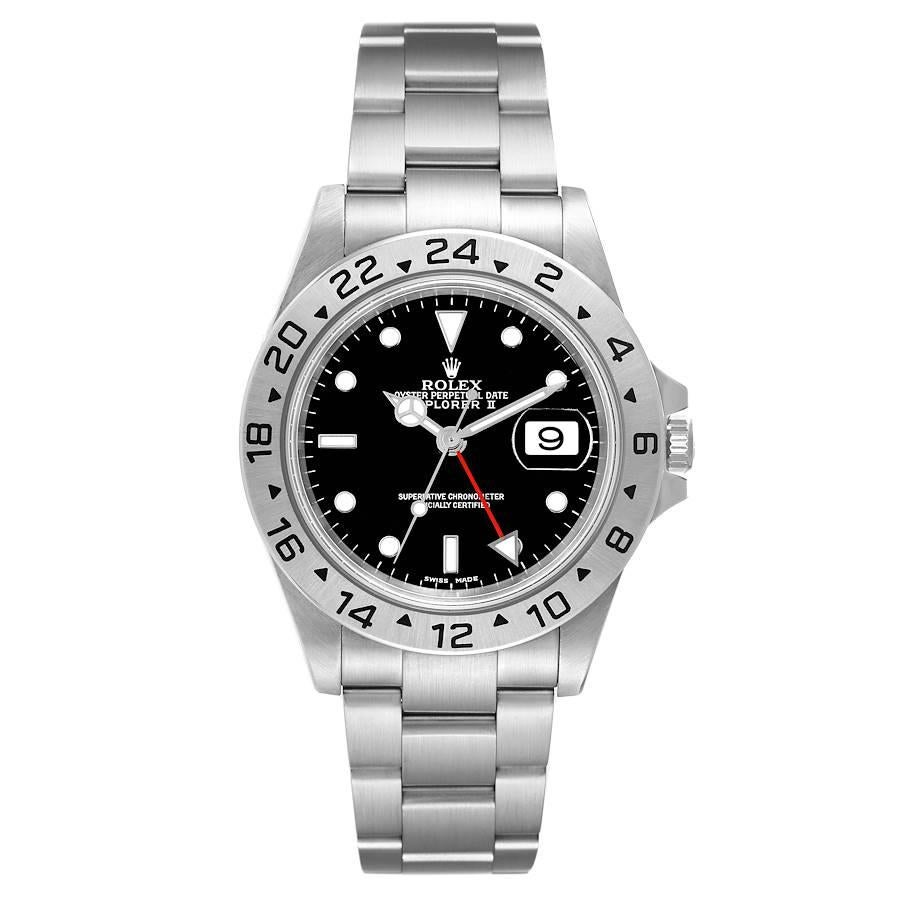 Rolex Explorer II Black Dial Steel Mens Watch 16570 Box Papers. Officially certified chronometer automatic self-winding movement. Stainless steel case 40 mm in diameter. Rolex coronet on the crown. Stainless steel bezel with 24-hour scale. Scratch