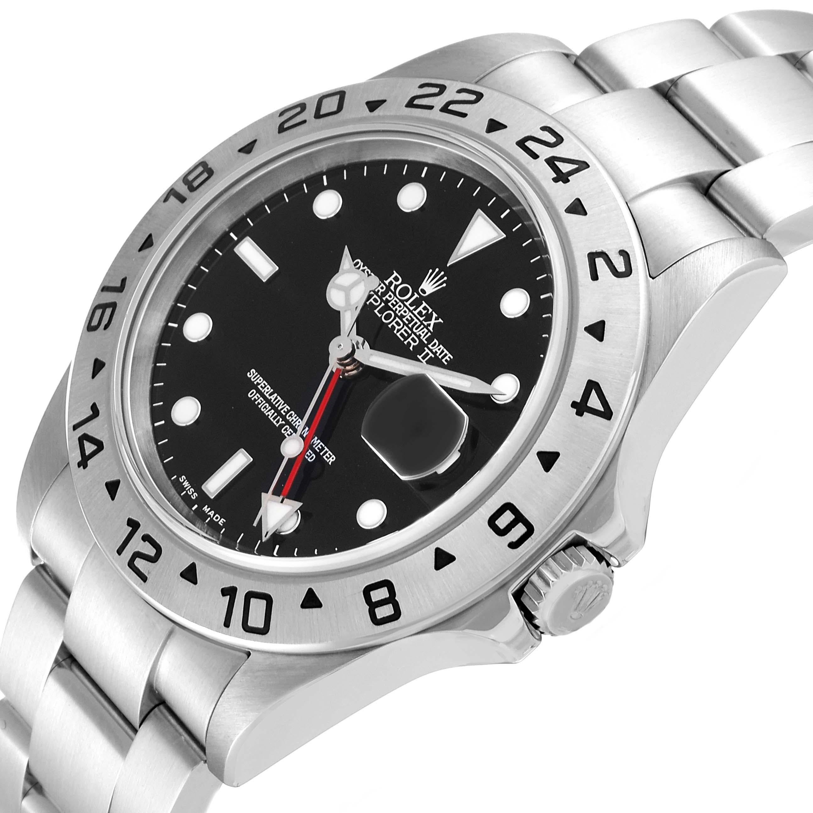 Rolex Explorer II Black Dial Steel Mens Watch 16570 Box Papers. Officially certified chronometer automatic self-winding movement. Stainless steel case 40 mm in diameter. Rolex logo on the crown. Stainless steel bezel with 24-hour scale. Scratch
