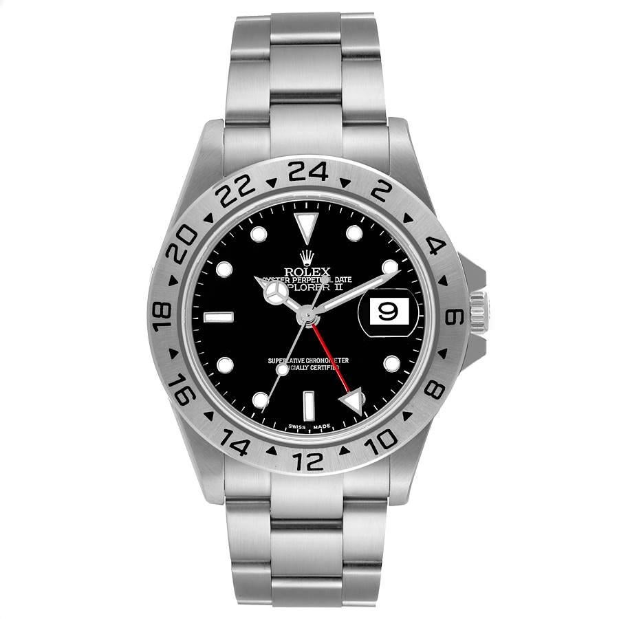 Rolex Explorer II Black Dial Steel Mens Watch 16570. Officially certified chronometer automatic self-winding movement. Stainless steel case 40 mm in diameter. Rolex coronet on the crown. Stainless steel bezel with 24-hour scale. Scratch resistant