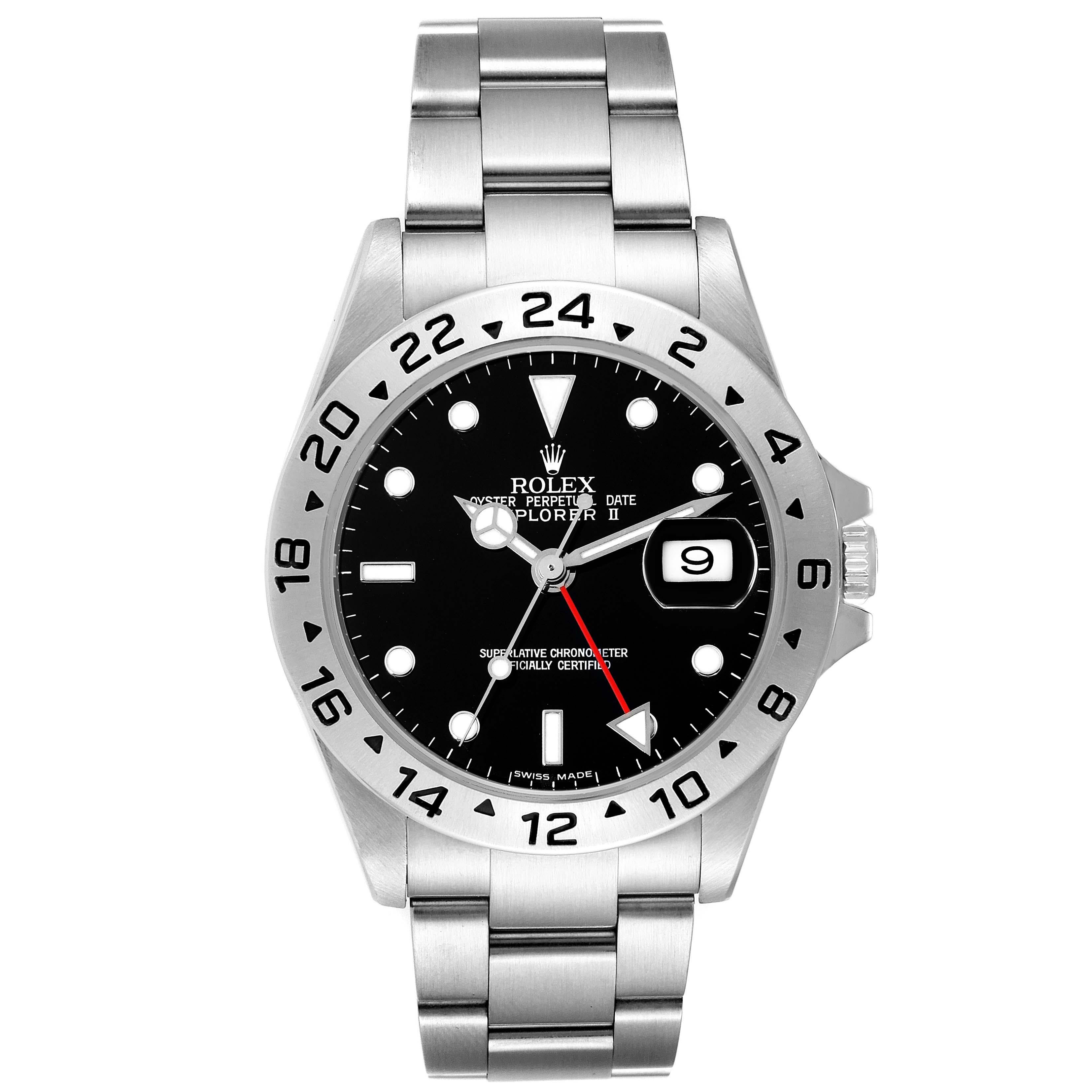Rolex Explorer II Black Dial Steel Mens Watch 16570. Officially certified chronometer automatic self-winding movement. Stainless steel case 40 mm in diameter. Rolex logo on the crown. Stainless steel bezel with 24-hour scale. Scratch resistant