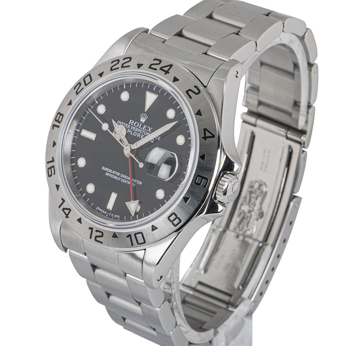 A 40 mm Stainless Steel Oyster Perpetual Explorer II Gents Wristwatch, black dial with applied hour markers, date at 3 0'clock, red time zone hand, a fixed stainless steel bezel with an engraved 24 hour display, a stainless steel oyster bracelet