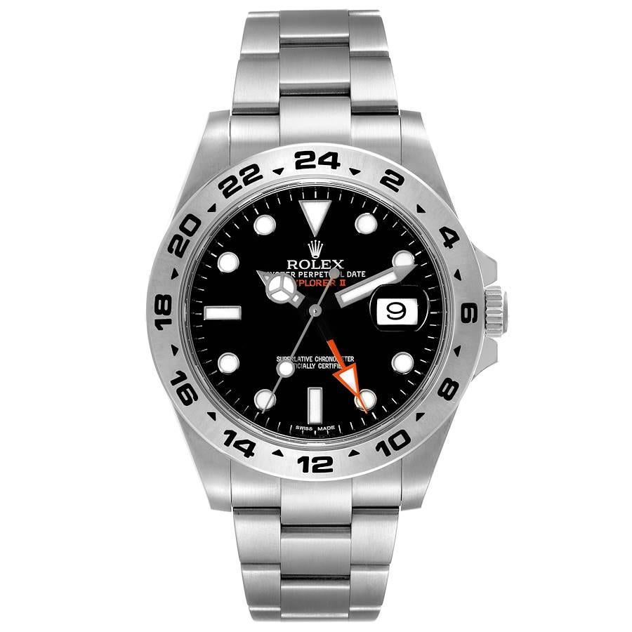 Rolex Explorer II GMT 42 Black Dial Orange Hand Steel Mens Watch 216570 Box Card. Officially certified chronometer automatic self-winding movement. Stainless steel case 42 mm in diameter. Rolex logo on the crown. Stainless steel bezel with engraved