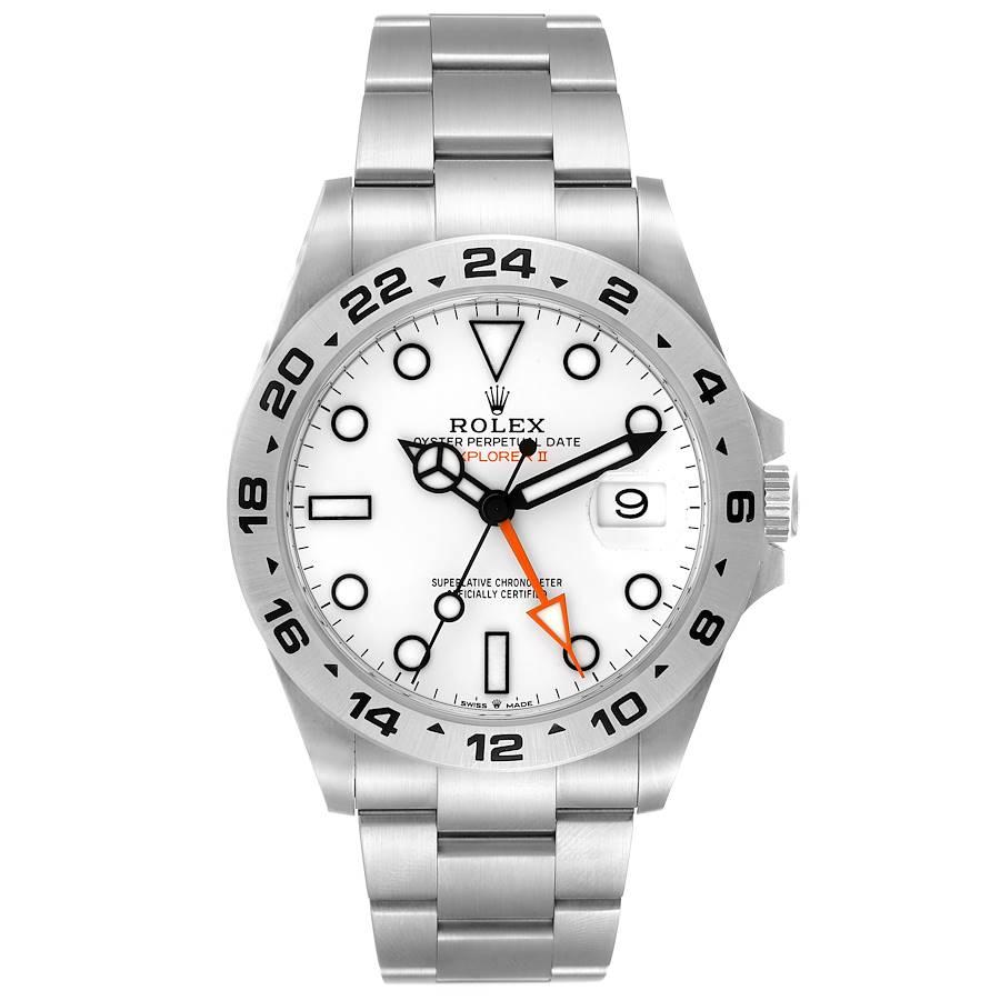Rolex Explorer II GMT 42mm Polar White Dial Steel Mens Watch 226570 Box Card. Officially certified chronometer automatic self-winding movement. Stainless steel case 42 mm in diameter. Rolex logo on the crown. Stainless steel bezel with engraved