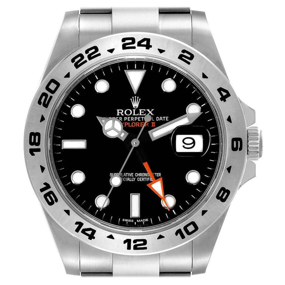 Rolex Explorer II GMT 42 Herrenuhr aus Stahl mit schwarzem Zifferblatt in Orange 216570 Boxkarte