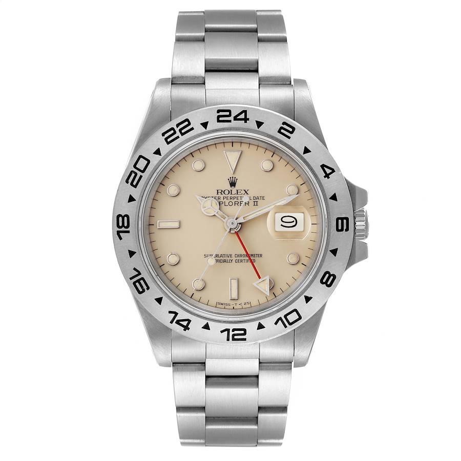 Rolex Explorer II GMT Transitional Lemon Cream Dial Vintage Steel Mens Watch 16550 Box Papers. Officially certified chronometer automatic self-winding movement with GMT function. Stainless steel case 39.0 mm in diameter. Rolex logo on the crown.