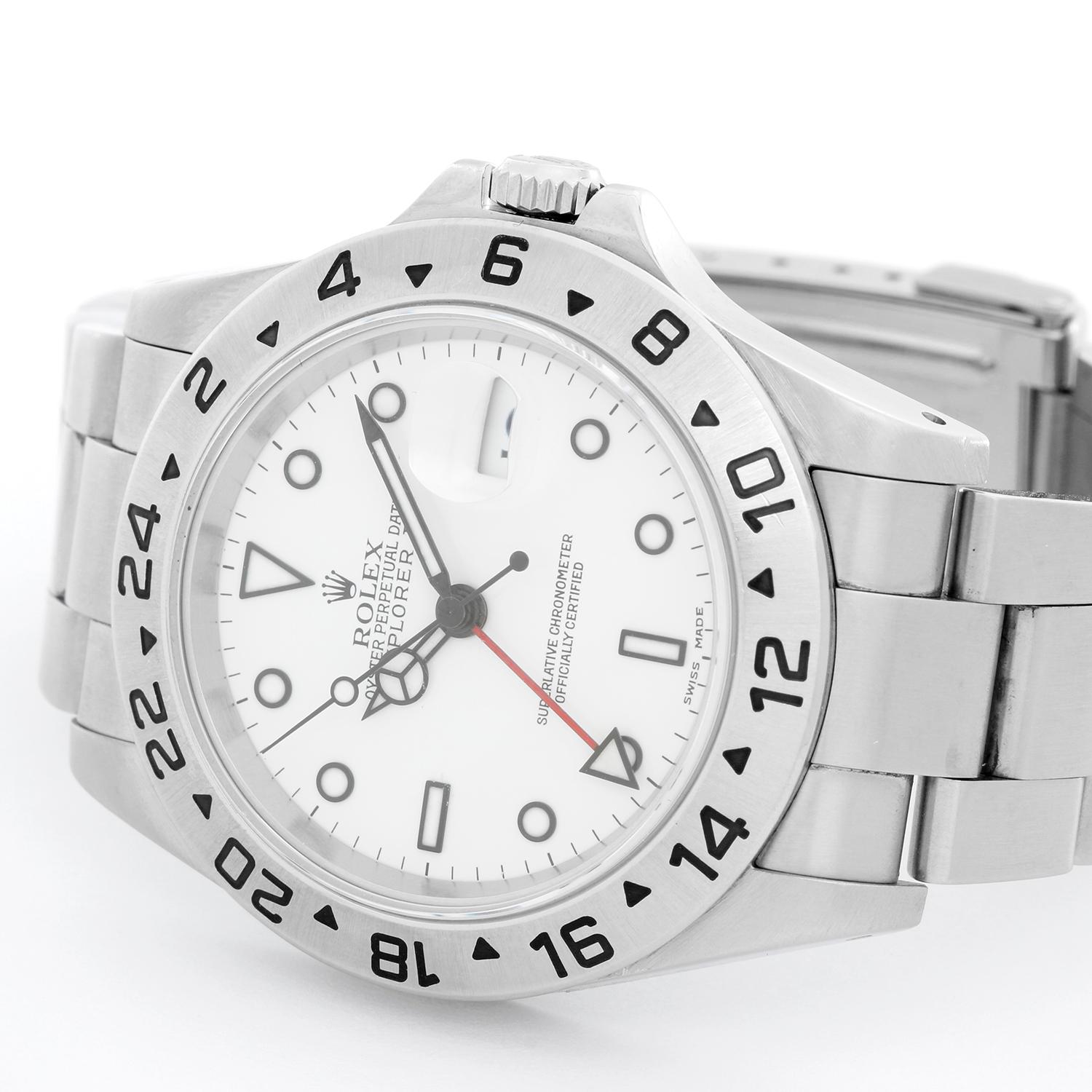 Rolex Explorer II Men's Stainless Steel Watch 16570 - Automatic winding, 31 jewels, Quickset, sapphire crystal, dual time. Stainless steel case (42mm diameter). White dial with luminous markers. Stainless steel Oyster bracelet with flip-lock clasp.