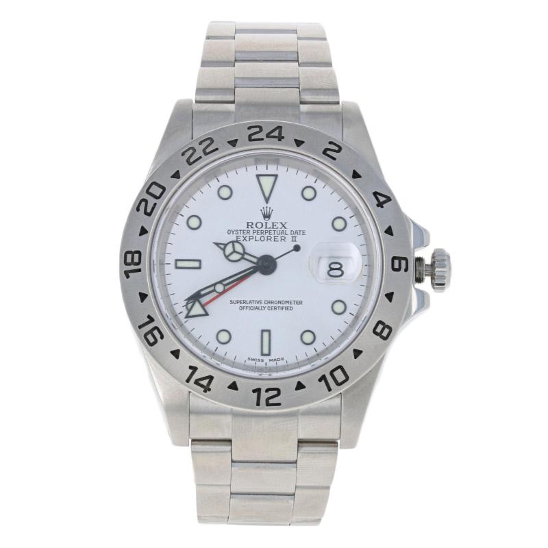 This is an authentic Rolex wristwatch. The watch has been professionally serviced and comes with a two-year warranty along with the Rolex papers, tags, and boxes.

Brand:  Rolex Explorer II
Model Number: 16570
Year: 2004
Material: Stainless
