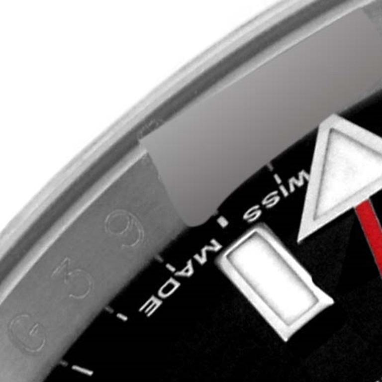 Rolex Explorer II Parachrom Hairspring Black Dial Steel Mens Watch 16570. Mouvement à remontage automatique certifié chronomètre avec spiral Parachrom Blue. Boîtier en acier inoxydable de 40 mm de diamètre. Logo Rolex sur la couronne. Lunette en