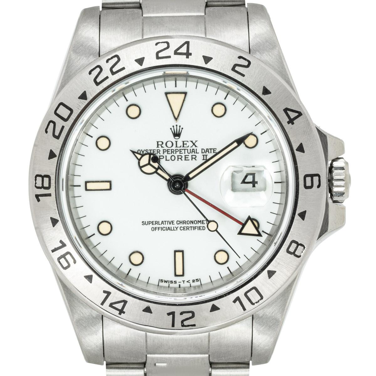 A 40mm Explorer II in stainless steel by Rolex. Featuring a white dial with distinctive cream-applied hour markers as well as hands, a date aperture, a red 24 hour hand and a fixed bezel with a 24 hour display.

Equipped with an Oyster bracelet and