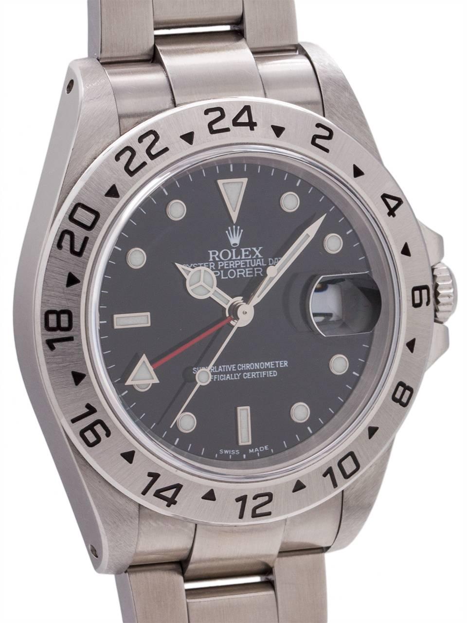 Very minty condition example Rolex Explorer II ref# 16570 serial #P, circa 2000. Featuring popular gloss black Luminova dial, with fixed 24 hour bezel, sapphire crystal, 39mm diameter case and powered by self winding movement with independently set