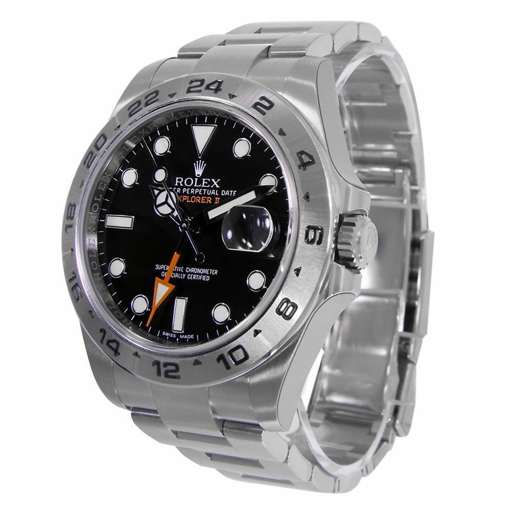 Rolex Explorer II Reference #:216570. 42mm stainless steel case, 24 hour bezel and hand, independent 12 hour hand, black dial, self-winding Rolex calibre 3187 movement, and Oysterlock bracelet with Easylink 5mm comfort extension link. Store box and